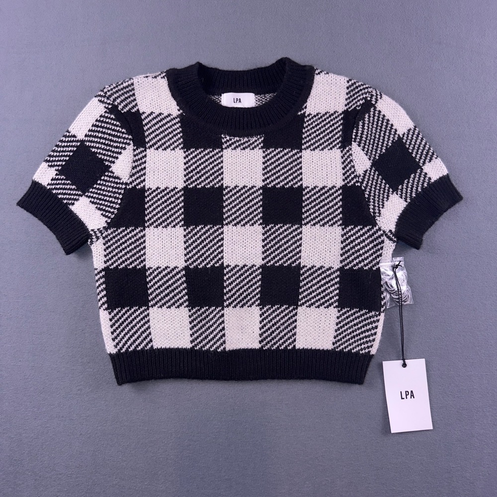 LPA Womens Black Cream Buffalo Plaid Cropped Short Sleeve Wool Blend Sweater S